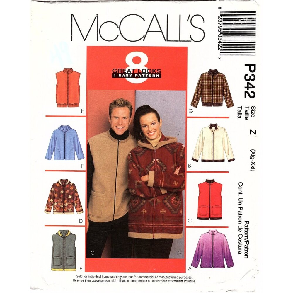 P342 Misses Mens Jacket Coat Vest Loose Fit Casual Sz XL XXL McCall's UNCUT FF